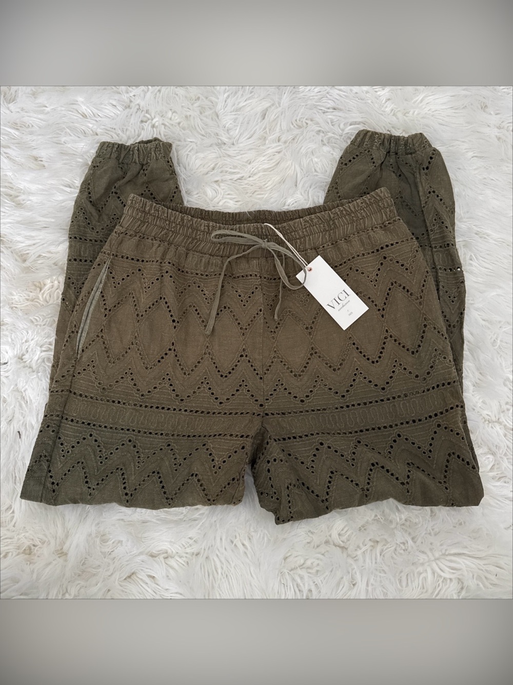 Vici Olive Green Eyelet Stretch Waist Shorts